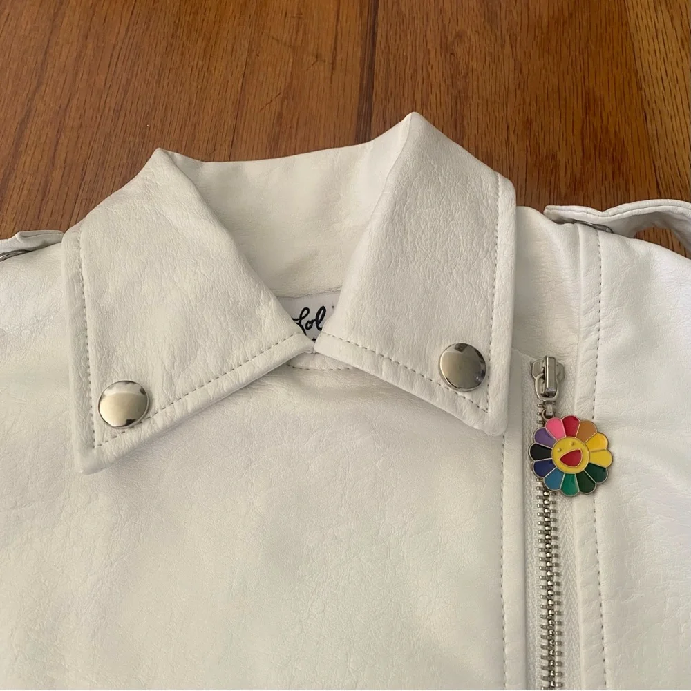 Lola + The Boys White Vegan Rainbow Leather Kids Jacket